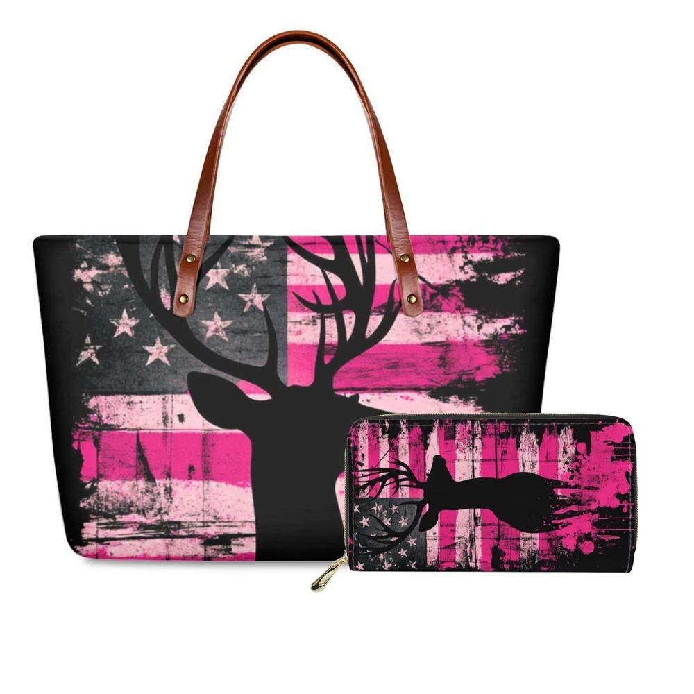 Deer Handbag Organizer And Leather Wallet Set Pink American Flag UwU